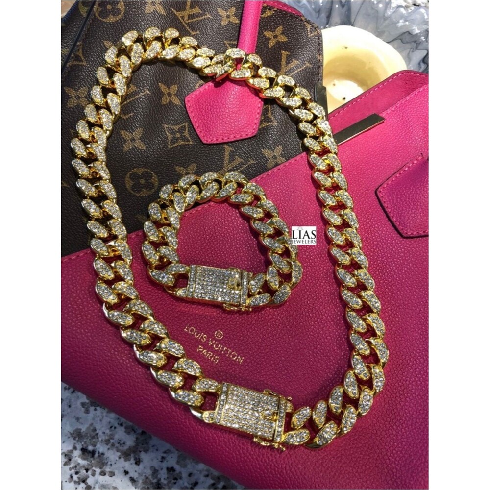 New 18k yellow gold filled Cuban link chain and bracelet set